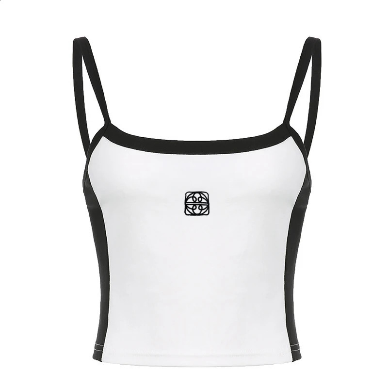 Y2K Fashion Nightclub Style Sexy Summer/Autumn Geometric Pattern Embroidered Slim Fit Street Womens Short Round Neck Tank 240810