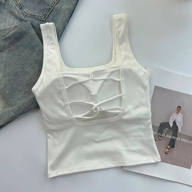 Casual Sleeveless Crop Top with Pad Summer Women Backless Bra Corset Top Fashion Square Neck Solid Color Elegant Fashion Tank 240810