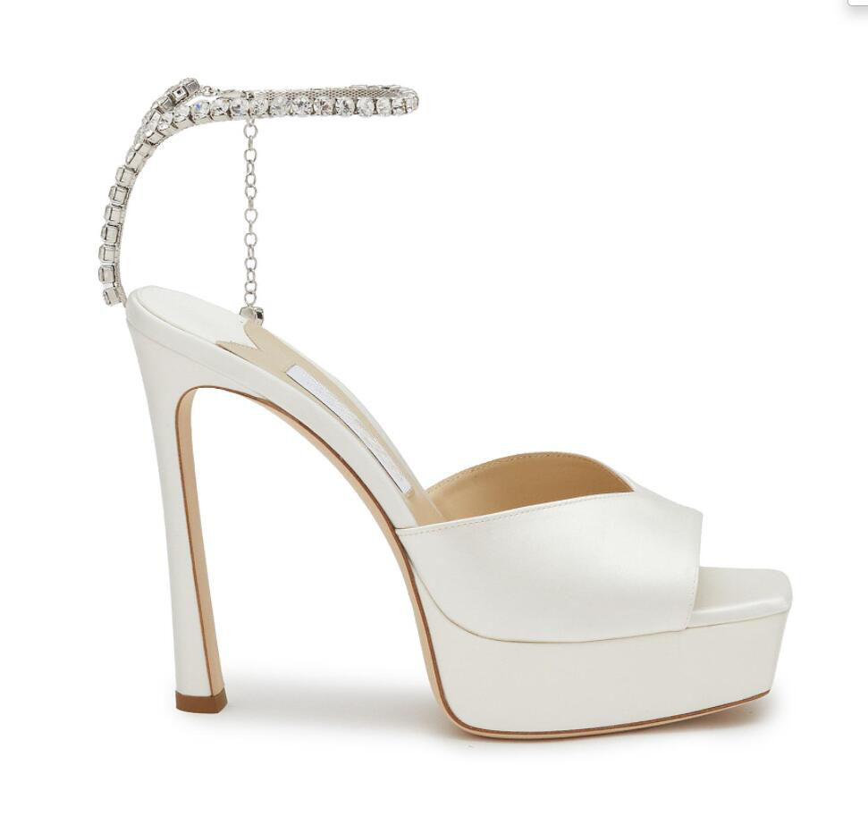 Women sandal high heels platform sandals SAEDA SANDAL PF Seada White satin crystal chain sandals peep toe square crystal embellishment luxury party wedding dresign