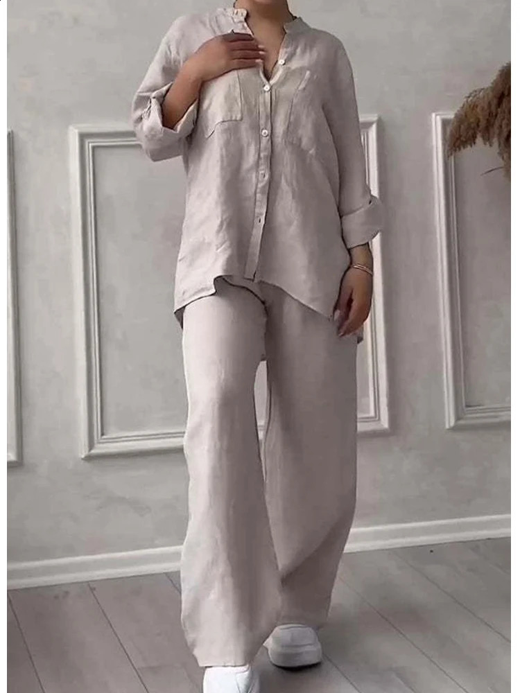 Women Casual Two Piece Sets Solid Longsleeve Female Shirt Wideleg Trousers Loose Drawstring Pants Pockets Ladies Clothing y240815