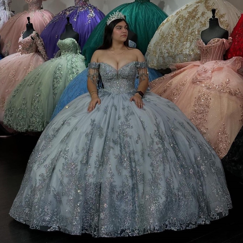 Sexy Off Shoulder Quinceanera Dress Lace Applique Beads Crystal Tull Birthday Party Sweet 16 Princess Ball Gowns Vestidos De 15 Anos