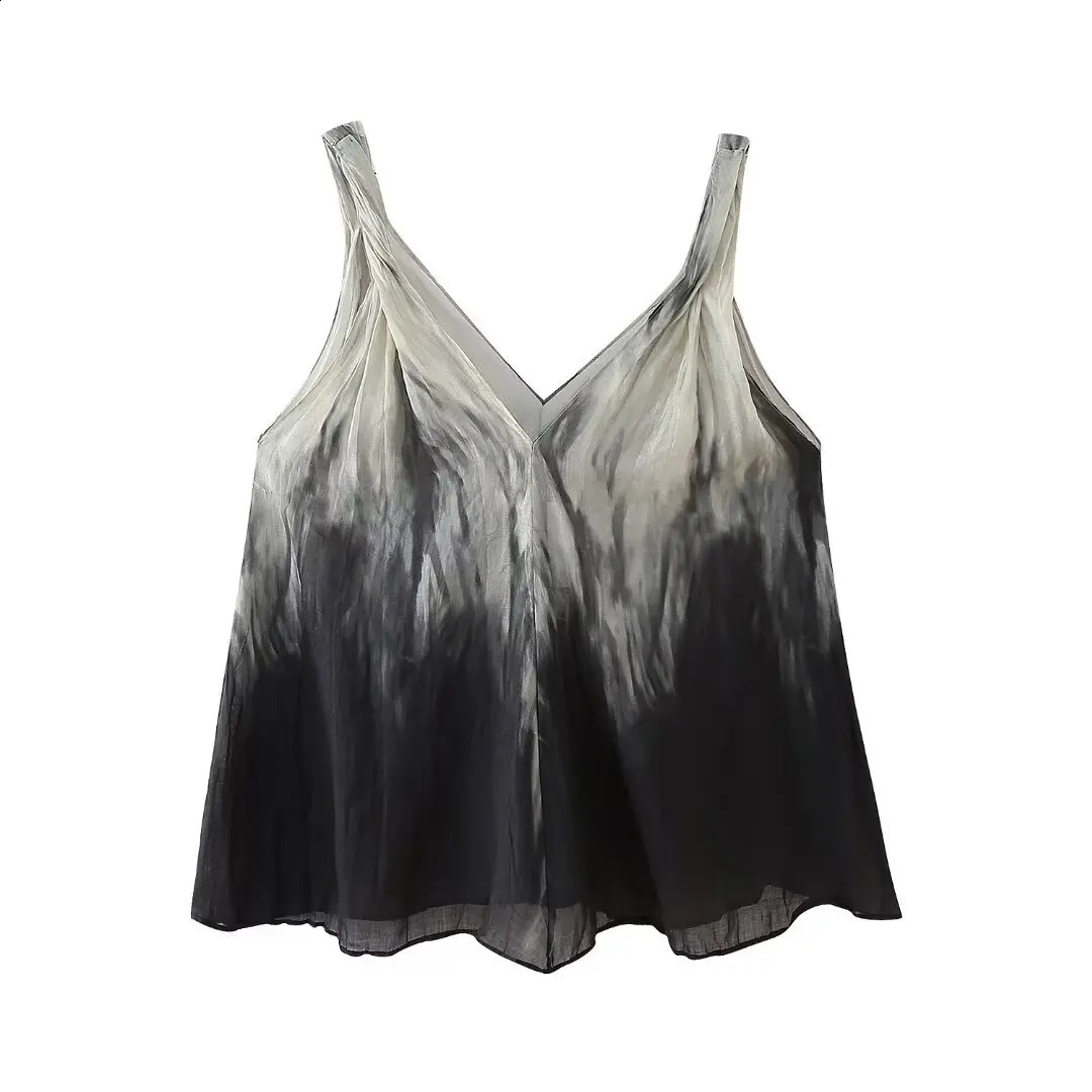 TRAFZA Summer Female Chic Suits Dew Shoulder Tie-dye Printed V-Neck Sling Vest TopSide Zipper Pleated Mid-length Skirt Mujer 240810