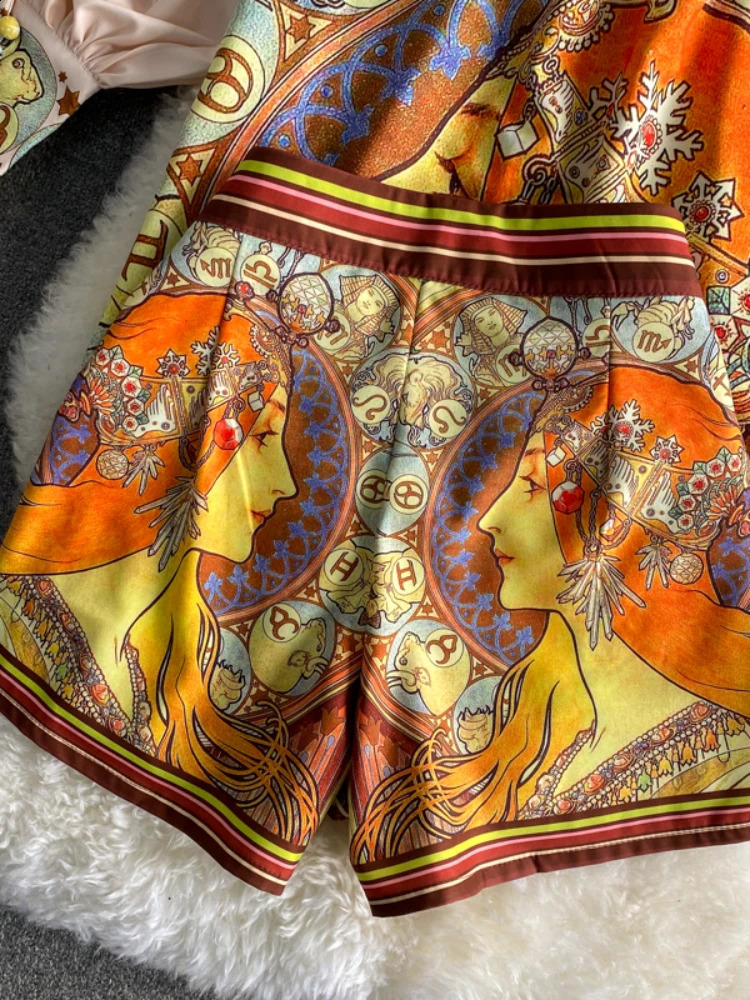 Womens printed two-piece retro chic spring floral shortslong sleeved elegant set for spring and summer240810