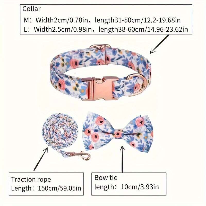 4pcs Leash Set With Bow Tie And wer Decor, ral Pattern Adjustable Collar Dog Traction Rope