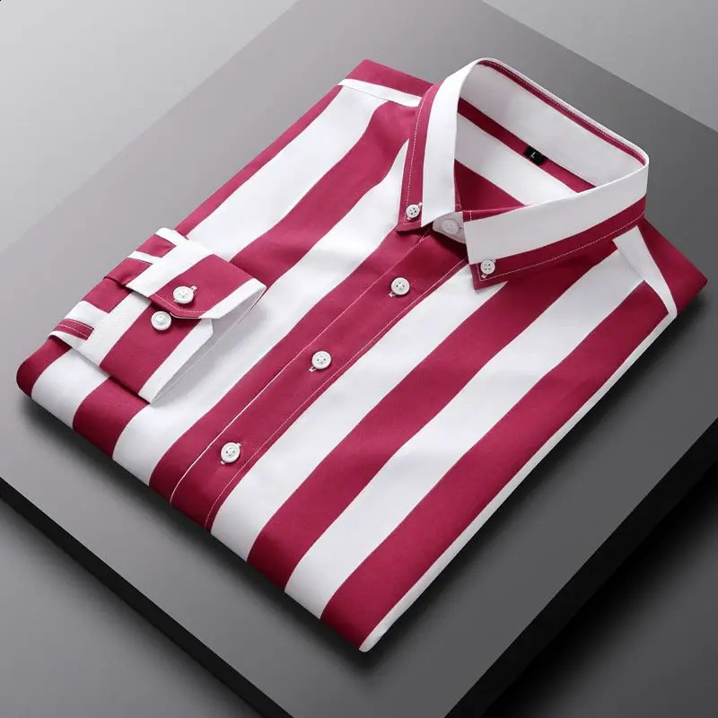 Summer Youth Professional Business Slim Fit Wide Stripe Office Long Sleeve Round Neck Splicing Button Mens Shirt240810