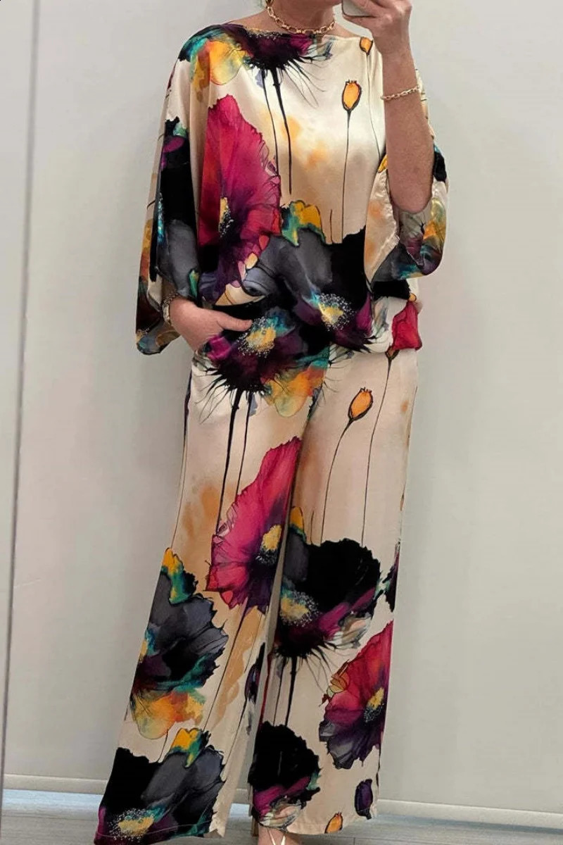 Summer Women Casual Satin Print Two Piece Set Fashion Round Neck Bat Sleeve Floral Pant Sets Elegant Female Vacation Outfit y240824