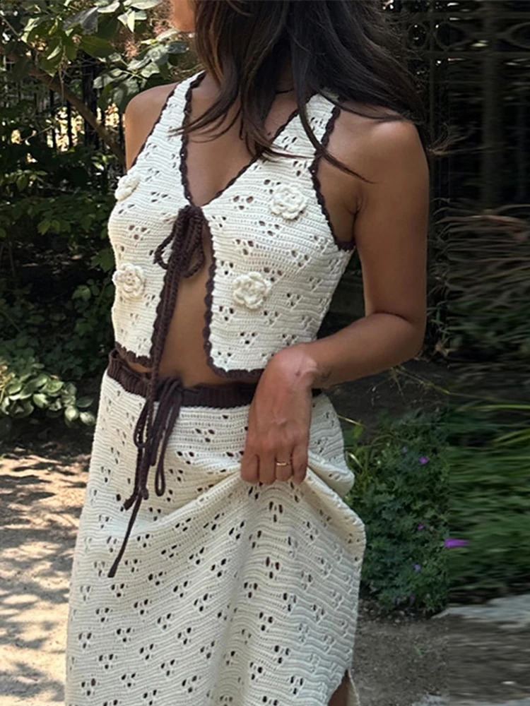 Knitted lace cardigan skiing set hollow Vneck sleeveless brushed mild knit top long twopiece 240810