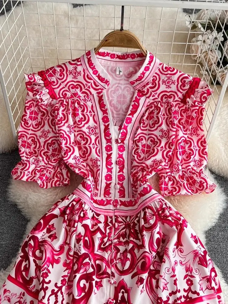 Summer runway red blue and white porcelain dress for women V-neck plaid sleeves ruffled button print beach mini vest240810
