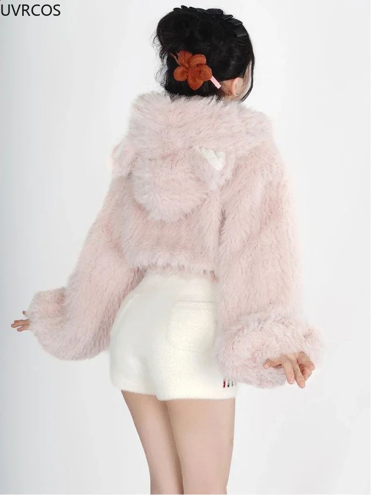 Japanese Kawaii Hoodies Womencute Pink Cat Embroideery Plush Cropped Ears Hoodie Korean Style Sweatshirt Y2k Short Pullover Tops 240810