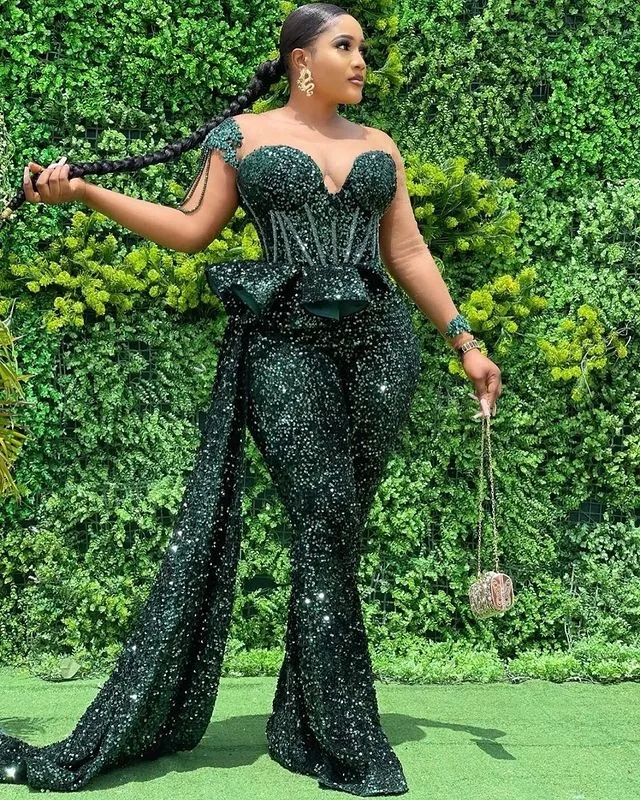 Green Aso Ebi One-shoulder Sequins Beaded Jumpsuit Prom Dresses Formal Party Second Reception Birthday Engagement Evening Gowns Dresses Robe De Soiree