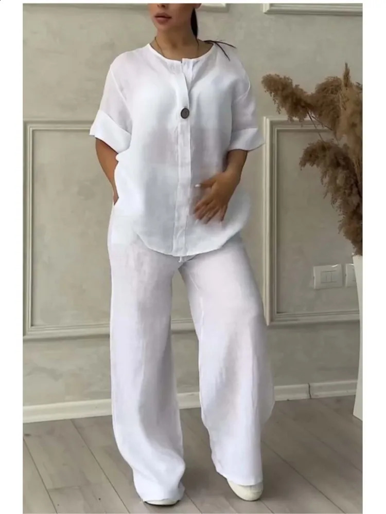 Spring Autumn Fashion Cotton And Linen Solid Two Piece Set Women Causal Loose Vneck Top Wide Leg Pants 2 Sets Woman y240815