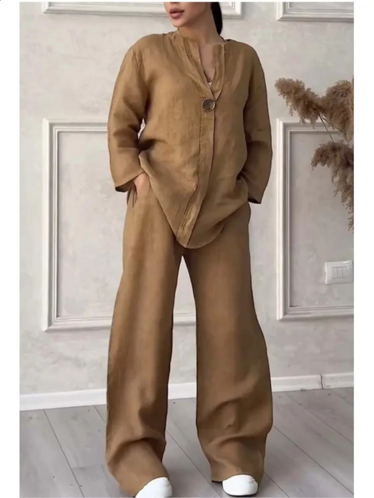 Spring Autumn Fashion Cotton And Linen Solid Two Piece Set Women Causal Loose Vneck Top Wide Leg Pants 2 Sets Woman y240815