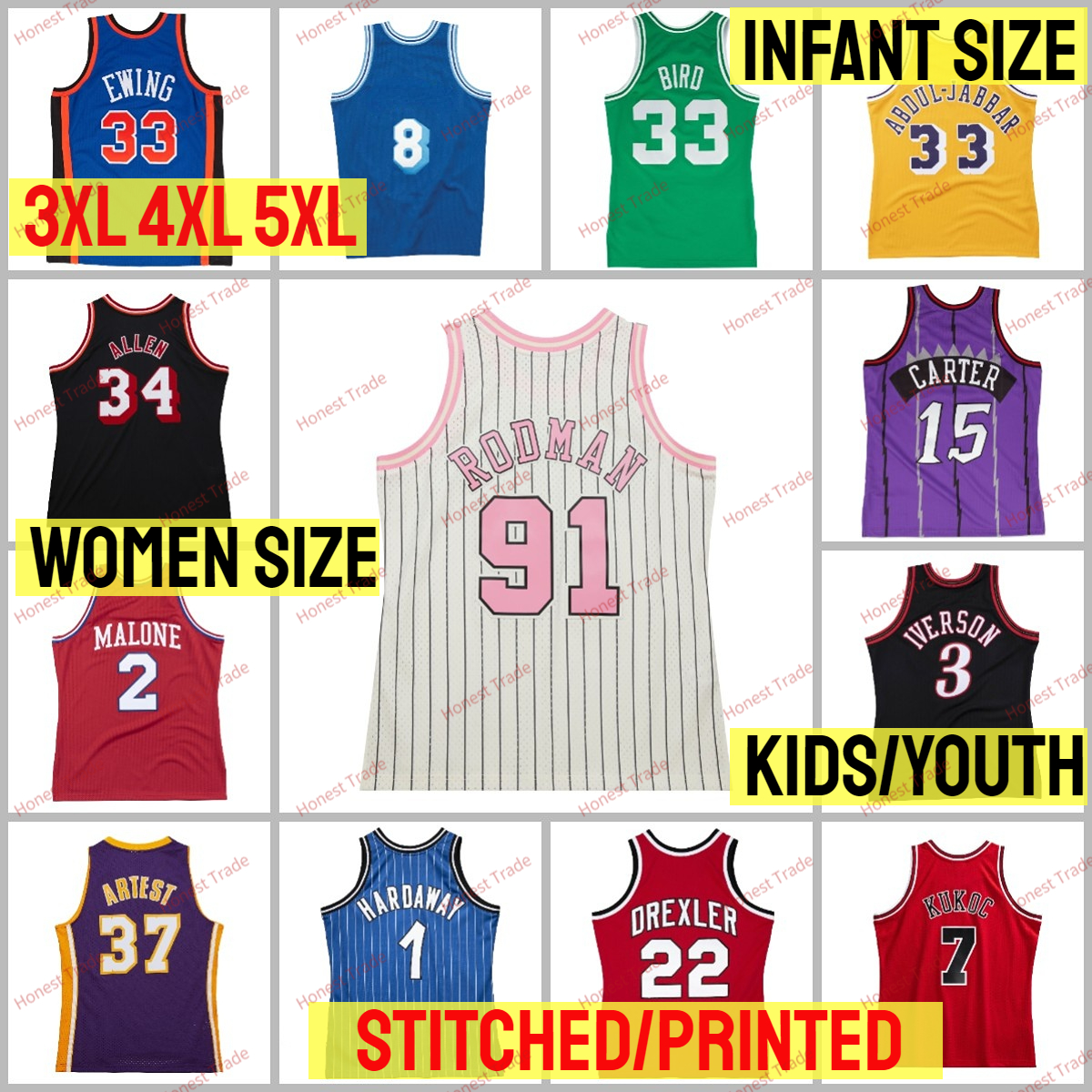 5XL 4XL 3XL Jersey Latrell Sprewell 33 Hill BIRD Patrick Ewing Barkley James Petrovic Iverson Penny Shaq Allen Kemp Mutombo Drexler Crawford Infant Baby Custom Size