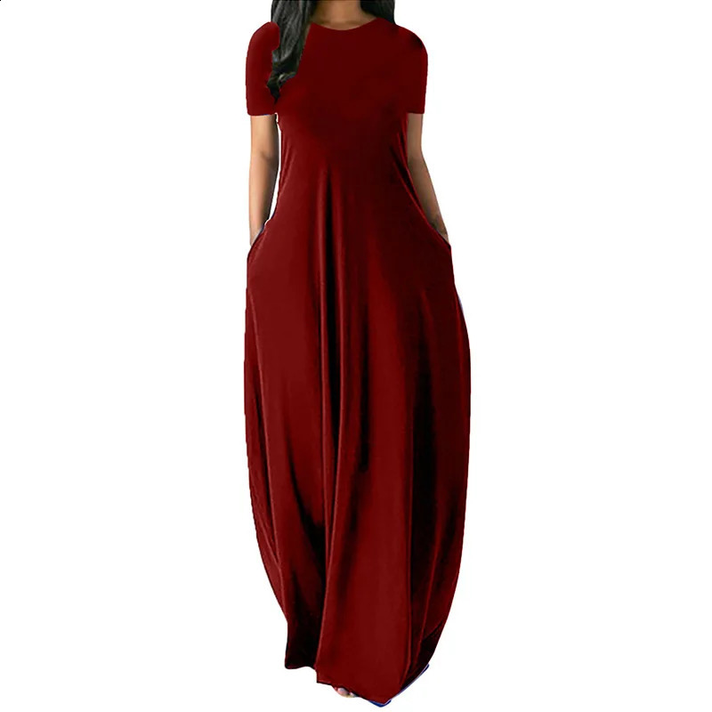 Women Oversize Casual Solid O-Neck Pockets Long Dress Summer Dress Female Plus Size Short Sleeve High Waist Maxi Dresses 240810