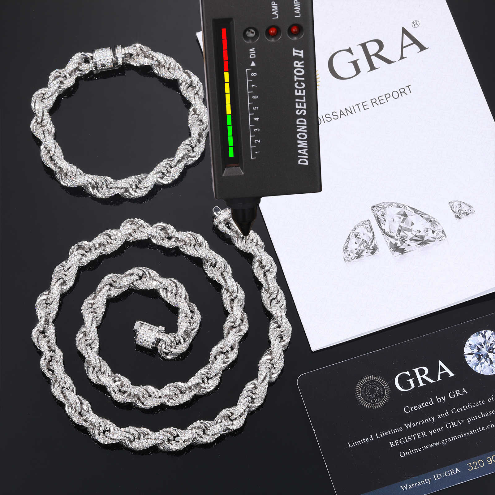 8mm Fully Iced Out Rope Necklace Spring Clasp Link Chain Bracelet Sterling Sier and VVS Moissanite