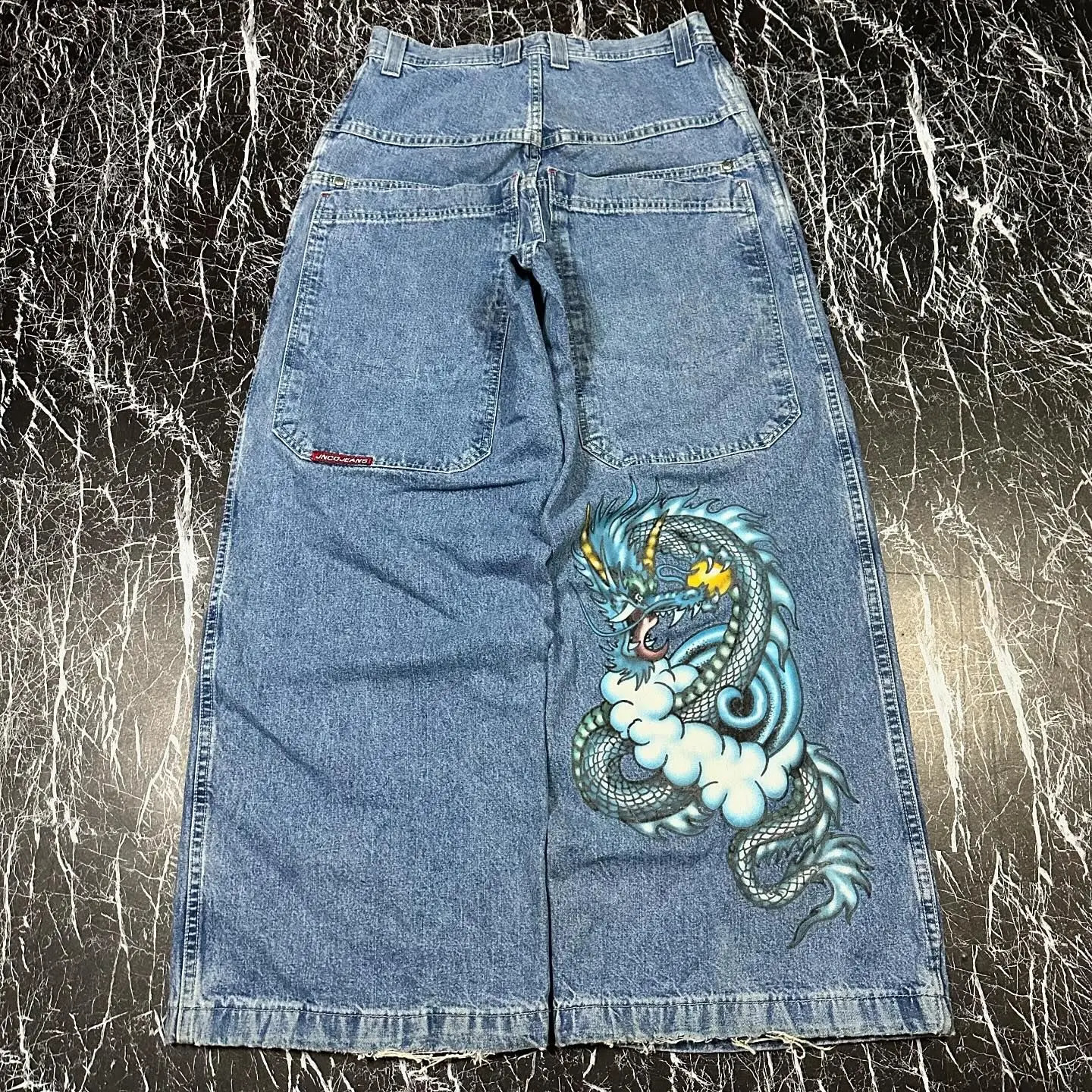 Retro Hip-Hop Dragon JNCO Light Blue Loose Jeans Womens Y2K Harajuku Gothic High Waist Wide Pants for Street Wear in 1990s 240809