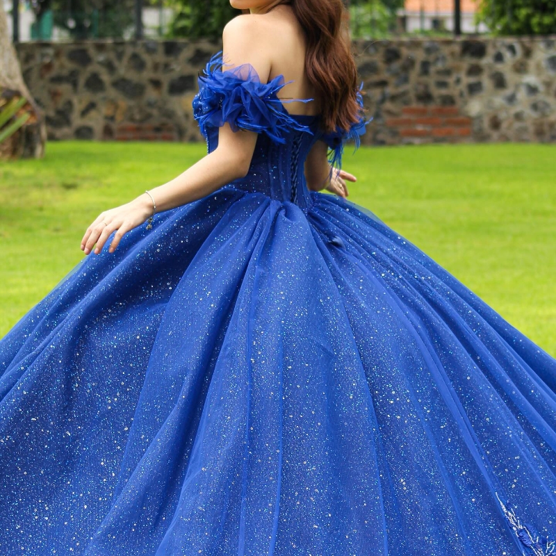 Sparkly Royal Blue Quinceanera Dress Ball Gown Off The Shoulder Lace Applique Beaded Tull Corset Mexican Sweet 16 Vestidos De 15 Anos