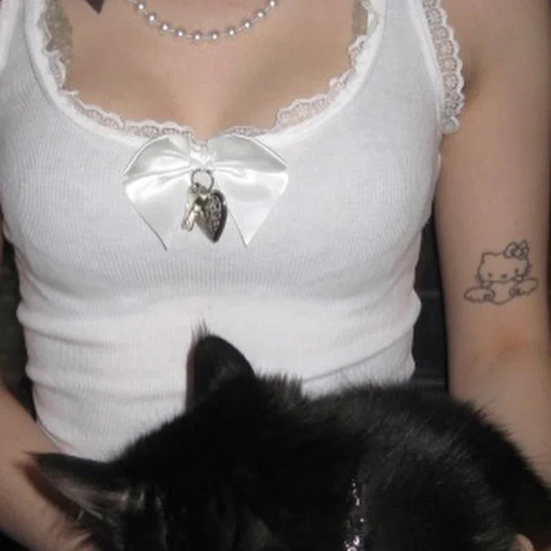 y2k Bow Lace Tank Tops O Neck Sleeveless Vintage Mini Vest Harajuku Grunge Basic Casual Camisole Korean Tee 240810