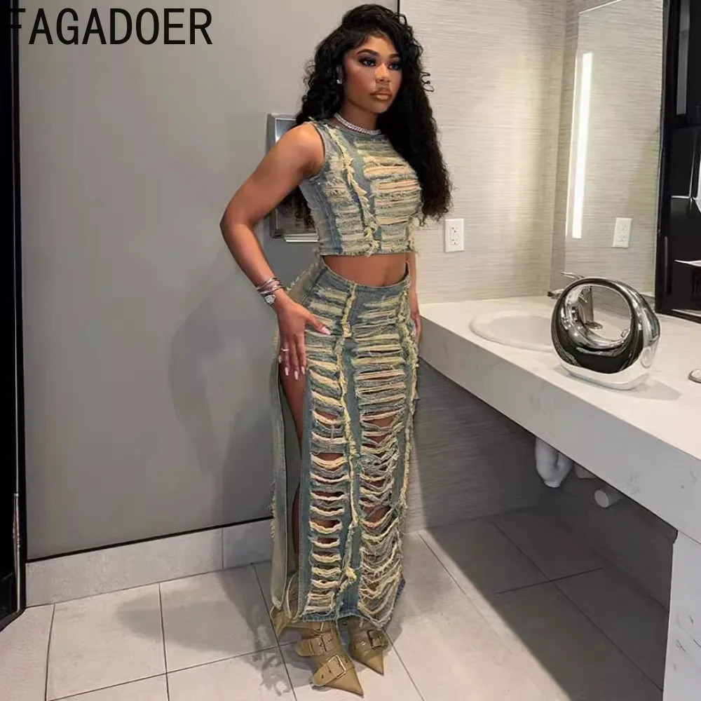 FAGADOER Fashion Streetwear Womens Denim Hollow Sleeveless Crop Top and Side Seam Skiing Two Piece Set Sexy 240810