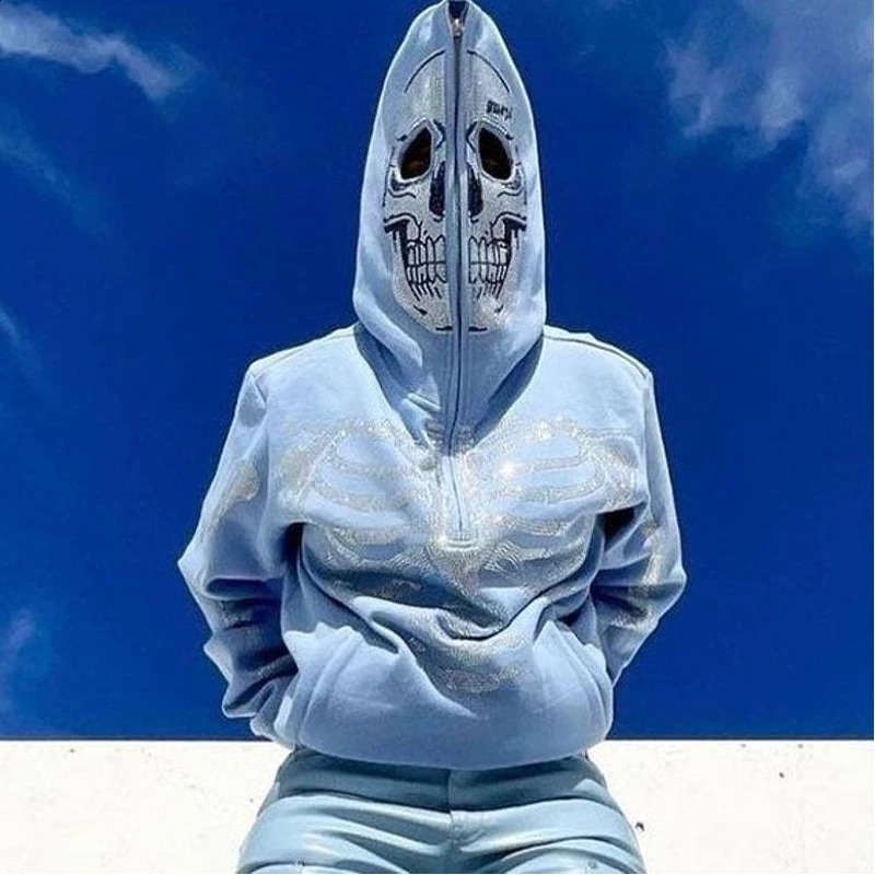 Hip Hop Sweatshirt Rhinestone Skull Graphics Oversized Couples Hoodie Y2k Clothes Full Zip Up Punk Sport Jacket Men Streetwear 240810