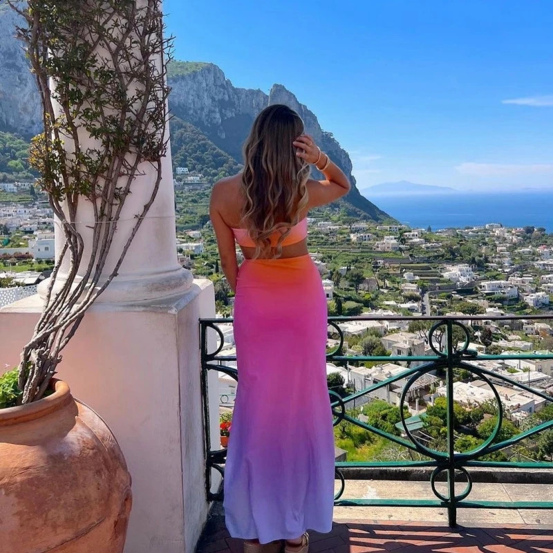 Summer Gradient Print Sexy Backless Strapless Dress Women Chest Wrapping Ankle-Length Dresses Fashion Beach Midriff Vestidos 240810