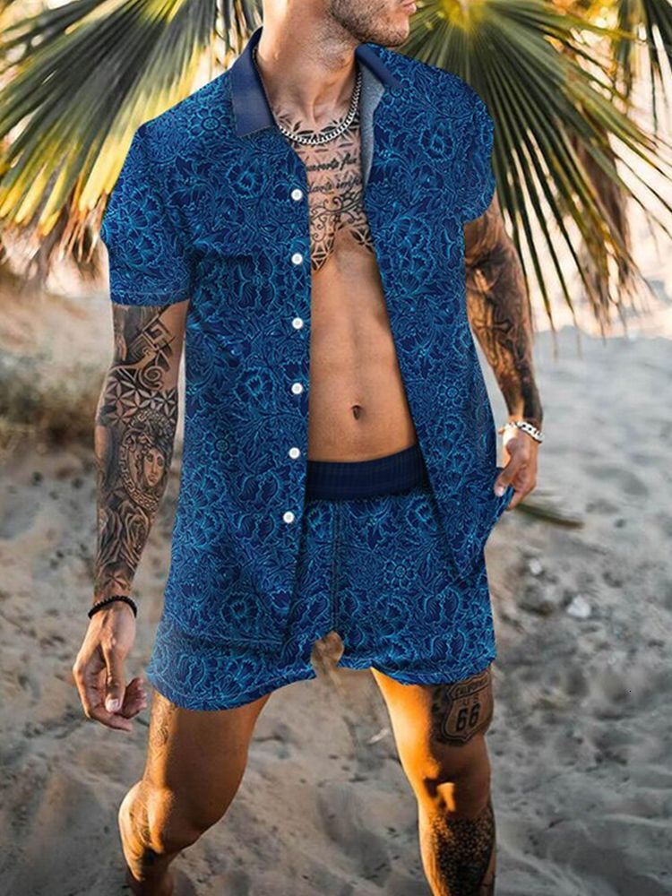 Mens Summer New Mens Shirt Casual Short Sleeve Beach Suit