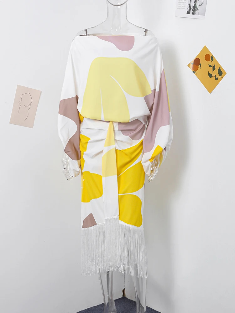 Printed Folded Lantern Sleeve Loose Fashion Tassel Dress for Women Two Piece Set SpringSummer Elegant Womens 240810