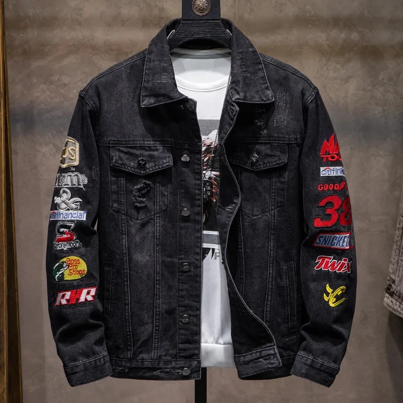 Trendy Embroidered Casual Jacket with Holes Mens Loose Denim Clothing Youth Spring and Autumn Long Sleeved 240810