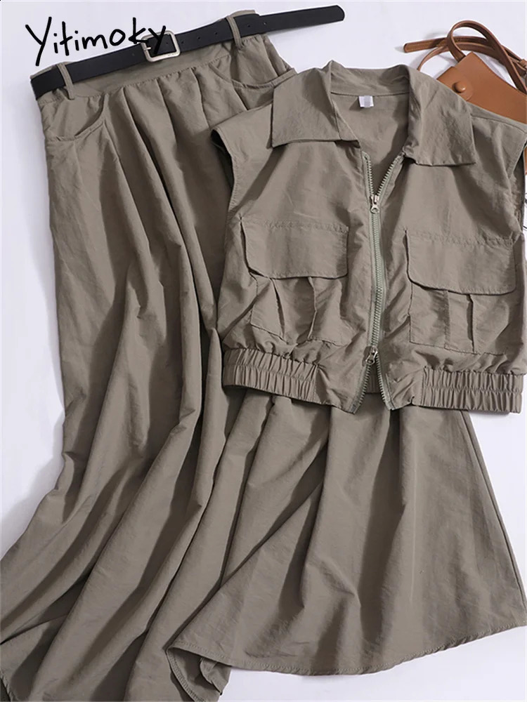 Yitimoky twopiece womens retro sleeveless zipper top casual high waisted belt Midi skiing set 240810