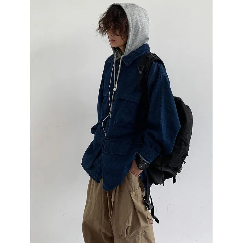 Hooded Denim Jacket Men Women Vintage Detachable Cap Cargo Coat Japanese Oversize Loose Casual Top Spring Couple Unisex Overcoat 240810