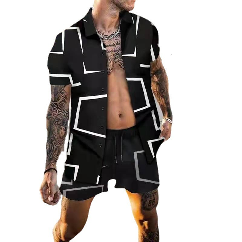 24ss Spring Mens Shorts Loose Short Sleeve Shirt Geometric Print Beach Leisure Suit