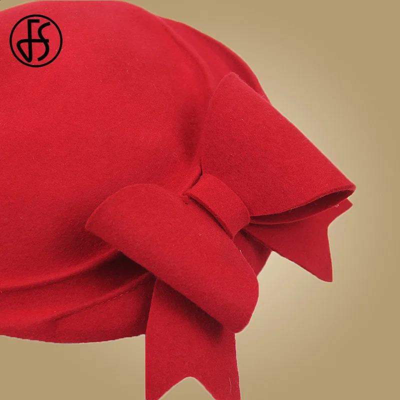 FS Elegant Beret Womens Wool Felt Fascinators Fedora Red Women Church Hats White Black Wedding Ladies Hat Bow Caps Pillbox Hat 240808