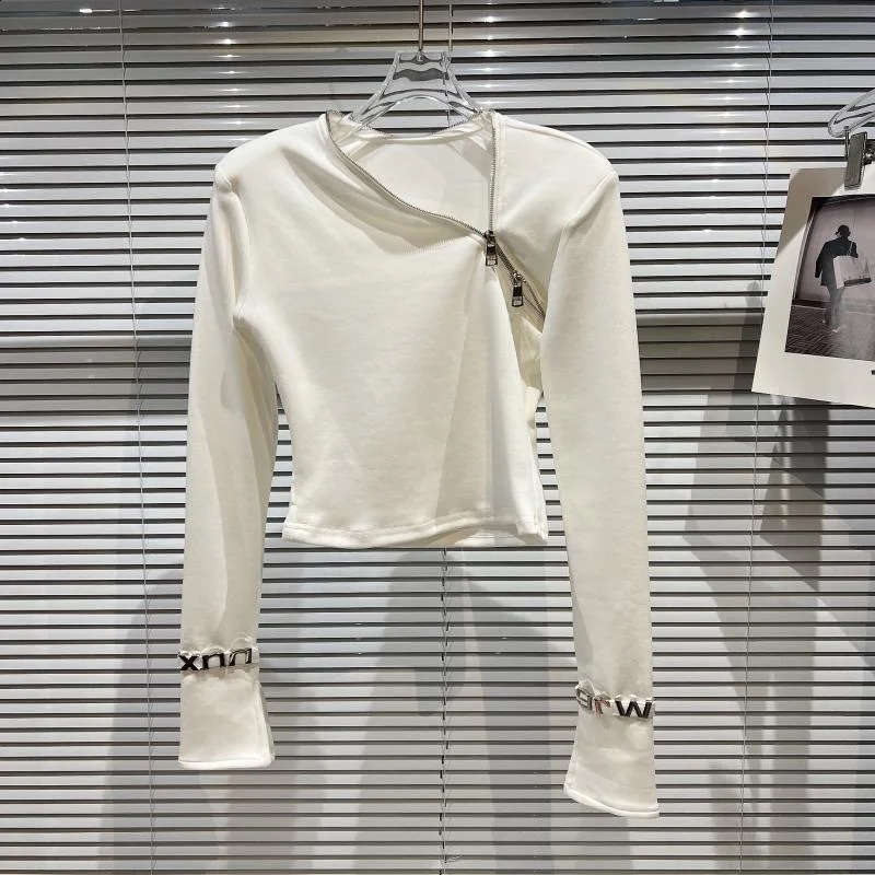 PREPOMP Autumn Arrival Long Sleeve Zipper Vneck Letter Bandage Tshirt for Women GG815 240810