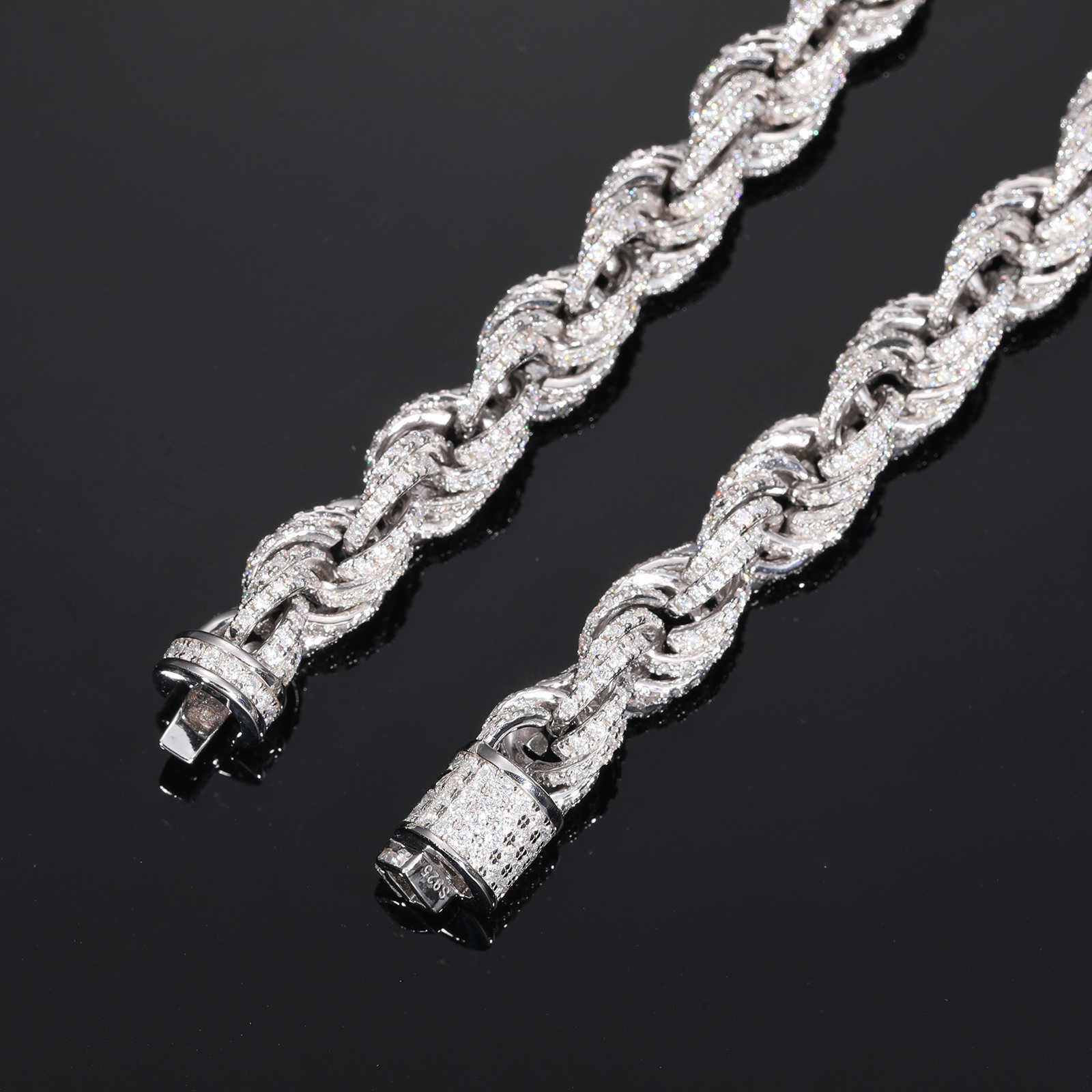 8mm Fully Iced Out Rope Necklace Spring Clasp Link Chain Bracelet Sterling Sier and VVS Moissanite