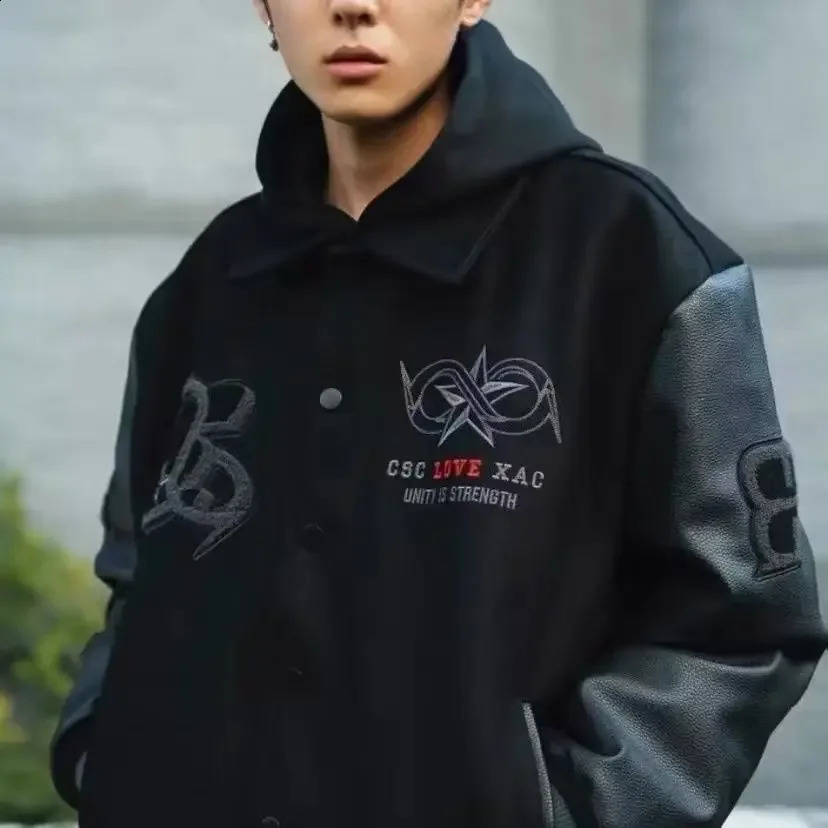 Mens Baseball Uniform Spring Autumn Y2K Retro Trend Leather Jacket Heavy Industry Embroidery Black Short Coats Ins 240810