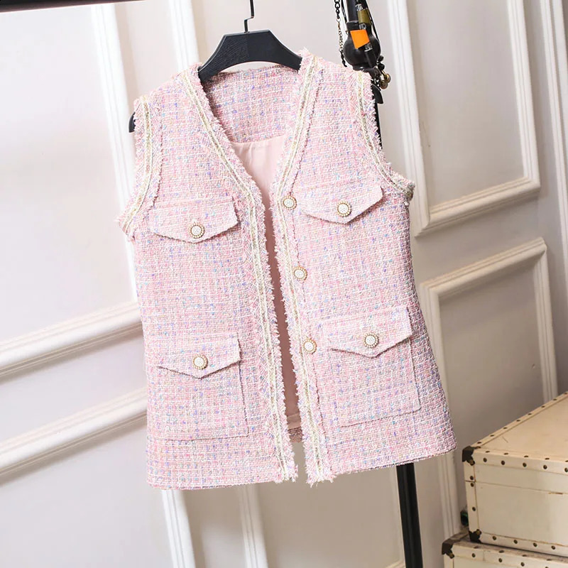 Spring Autumn Versatile V-Neck Pink Fragrant Vest French Tweed Waistcoat Coat 240810