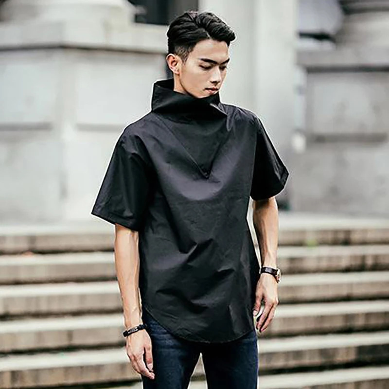 Summer High Neck Short Sleeve Men Sweatshirt Korean Fashion Casual Personality Harajuku T Shirt 3xl Oversized Hip Hop Streetwear 240810