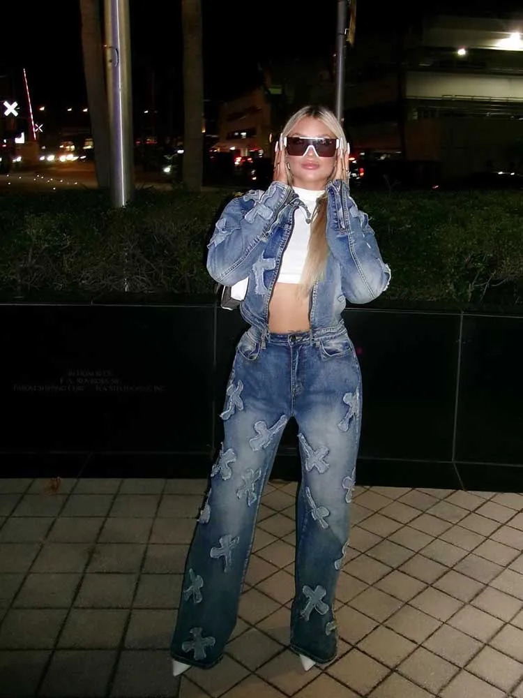 Elegant womens pants set winter long sleeved jacket and straight Trouser casual 2piece denim dress 240810