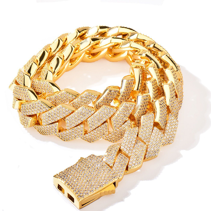 gold cuban link chain for men micro inlaied 4 row bling diamond 20MM wide spring buckle iced out chains necklace designer prong rock hip hop moissanit