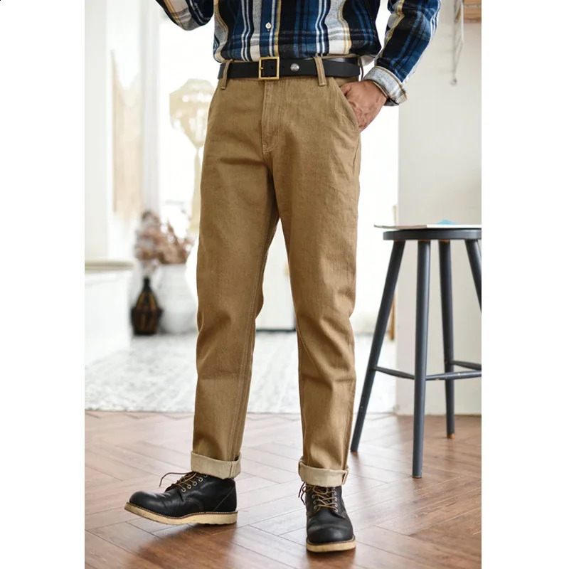 Saucezhan jeans men Selvedge denim jeans vulcanization Khaki jeans pants Autumn and winter cargo pants men Zipper Fly Casual 240809