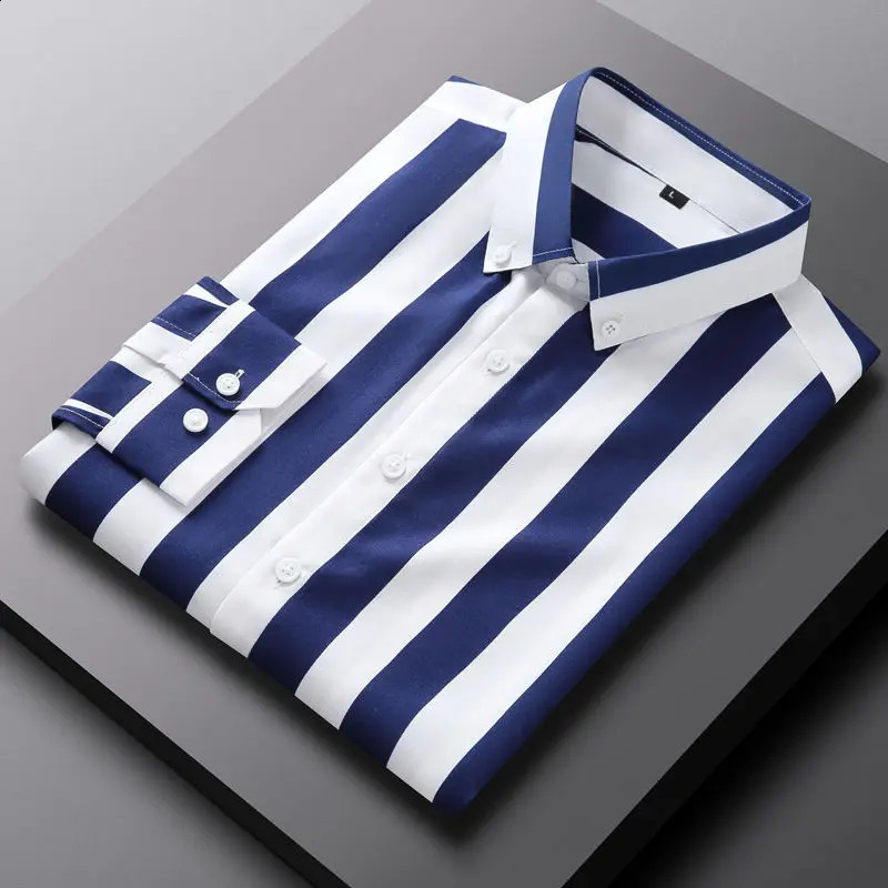 Summer Youth Professional Business Slim Fit Wide Stripe Office Long Sleeve Round Neck Splicing Button Mens Shirt240810