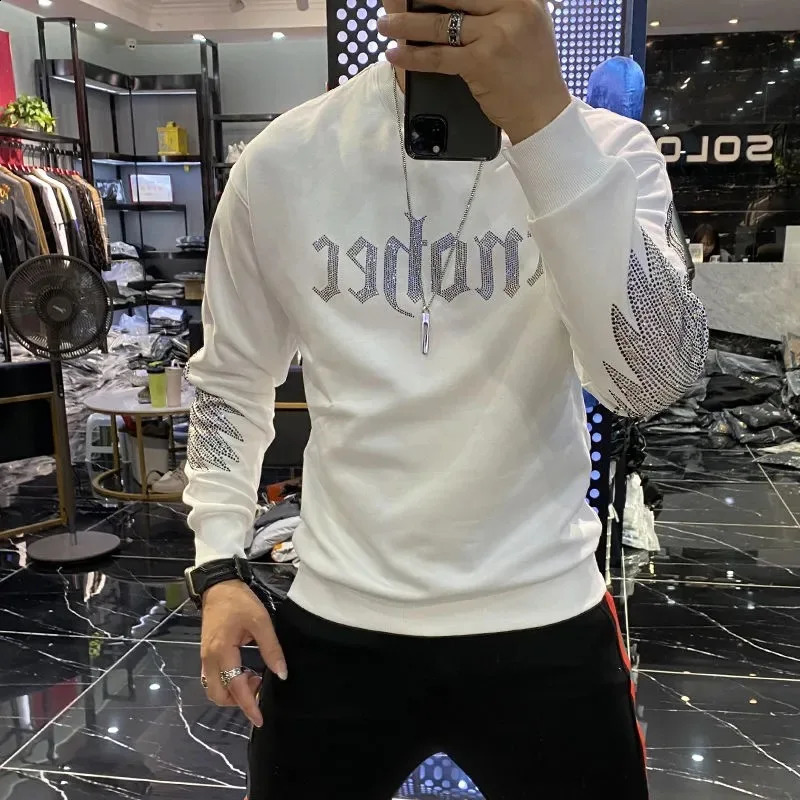 Rhinestone Style Winter Trend Men Hoodie High Quality Pure Cotton Hoody Casual Fashion Pullover -Selling Tops 240810