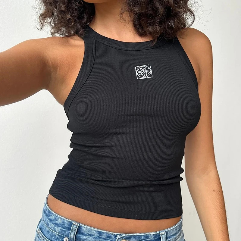 Y2K Fashion Nightclub Style Sexy Summer/Autumn Geometric Pattern Embroidered Slim Fit Street Womens Short Round Neck Tank 240810