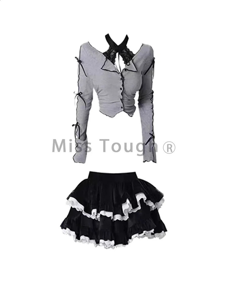 Winter sexy Kawaii twopiece womens sloping collar topsweet mini tight shoulder casual chic set 240810