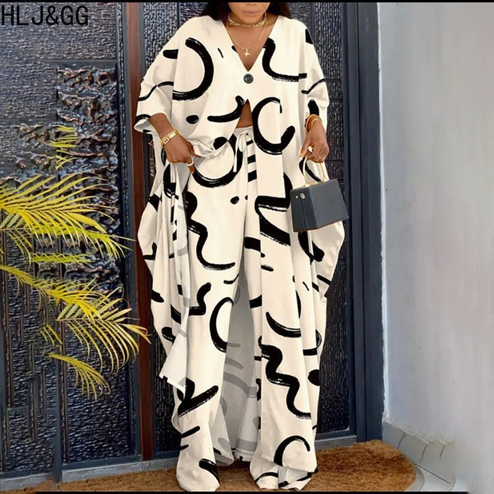 HLJ GG Women African Print 2 Piece Set Outfit Casual V Neck Short Sleeve Long Slit Tops And Caftans Wide Leg Pants Clothes 240810