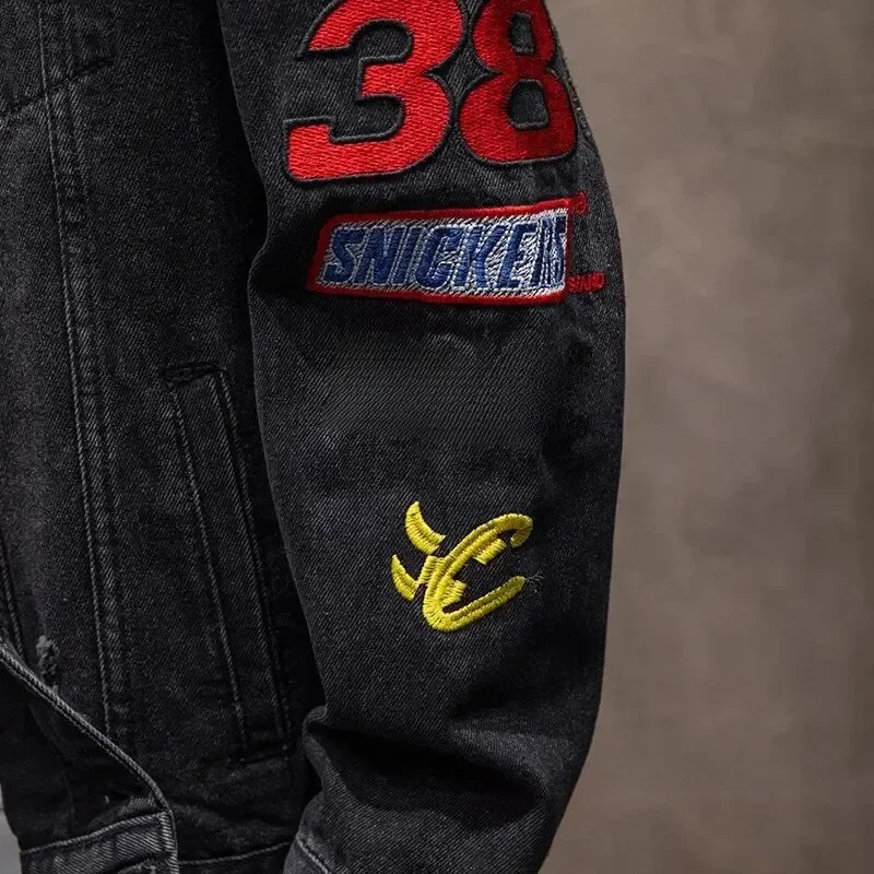 Trendy Embroidered Casual Jacket with Holes Mens Loose Denim Clothing Youth Spring and Autumn Long Sleeved 240810