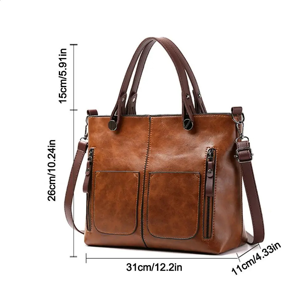 Ladies Vintage Leather Shoulder Bag Large Purses Work Bags with MultiPocket Tote Crossbody Handbags for Women 240810Z