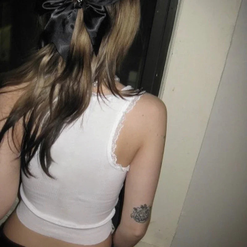 y2k Bow Lace Tank Tops O Neck Sleeveless Vintage Mini Vest Harajuku Grunge Basic Casual Camisole Korean Tee 240810