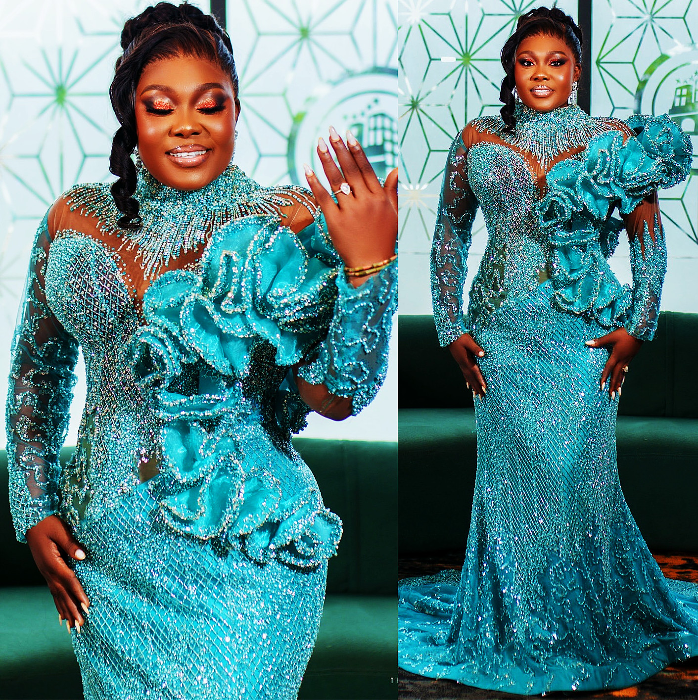 2024 Plus Size Hunter Green Mermaid Prom Dress Lacefull Promdress Full Sleeves Evening Formal Party Second Reception Birthday Engagement Gowns Dresses