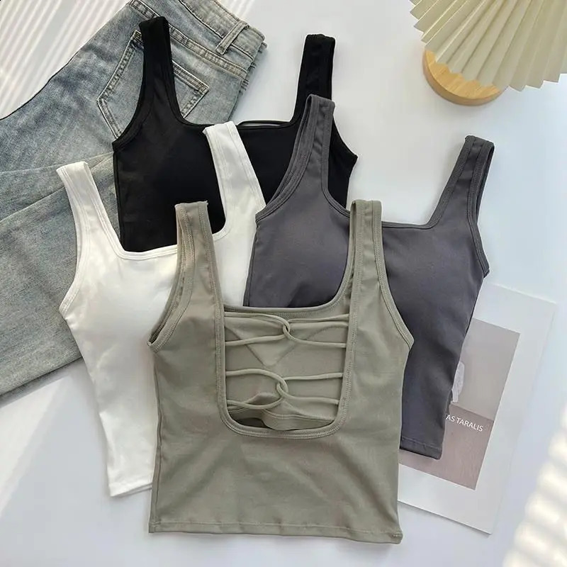 Casual Sleeveless Crop Top with Pad Summer Women Backless Bra Corset Top Fashion Square Neck Solid Color Elegant Fashion Tank 240810